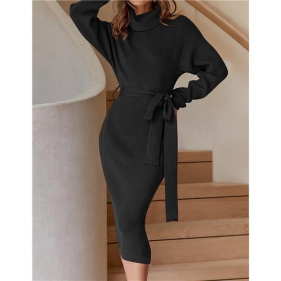 Women's Turtleneck Sweater Midi Dress Long Sleeve Ribbed Knit Bodycon Slit Dress - Picture 3 of 6